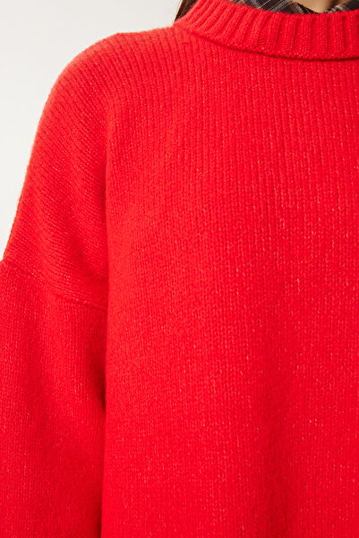 Lovelyİstanbul Yumuşak Dokulu Oversize Triko Kazak KIRMIZI LPF0063