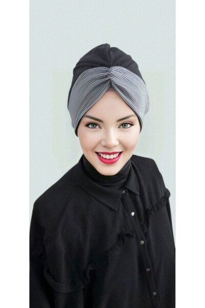 Polikromi Women's Black Gray Wide Band Model Knot Bonnet Hijab Shawl Scarf