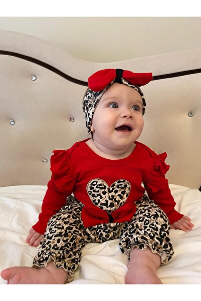 Minizade Leopard Patterned Heart Ruffled Bandana Baggy 3 Piece Set