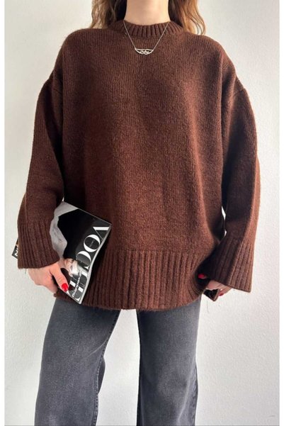 yeditepe fashion Women's Crew Neck Oversize Knitwear Sweater Brown