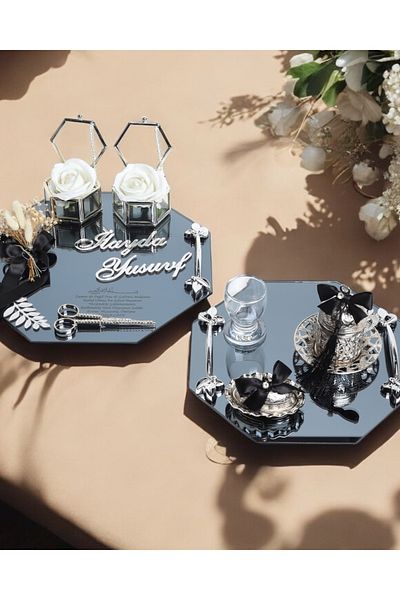 CyzHome Affinity Octagonal Silver Promise Engagement Tray and Groom Coffee Cup Tray
