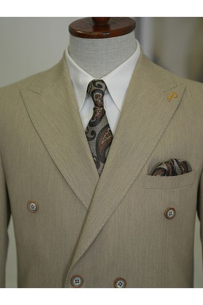 LONATOLİA Men's Italian Style Slim Fit Double Breasted Jacket - Punto Stitching, Bag Pocket, Half Lined, Cream