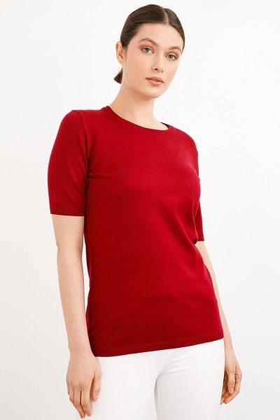 Desen Triko Bluză Damă Cherry Lycra - Mânecă Scurtă, Decolteu Crew