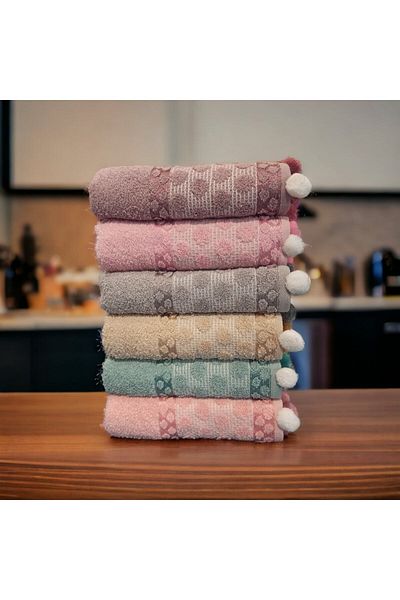 ŞENER HOME Set of 6 100% Cotton Pompom Jacquard 50x90 Hand & Face Towels