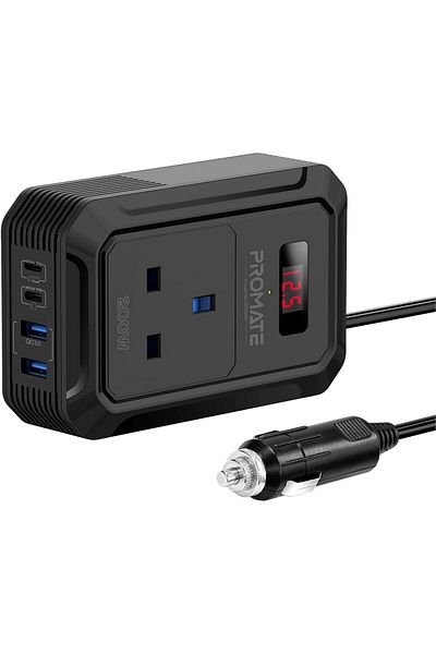 Promate 5 in 1 Car Power Inverter DC to AC Multi-Port 200W, Dual USB-C Ports 65W / 30W Power Deliver