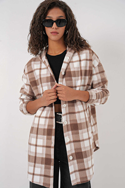 GABRİA Gabria Hooded Plaid Fleece Jacket