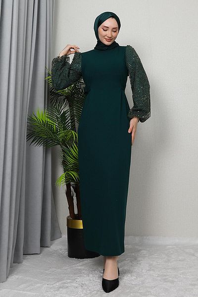 GİZ AGİYİM Emerald Colored Tulle Crepe Dress