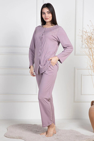 Lohusa Homewear Women's Dusty Rose Lace Detailed Plus Size Button-Down Pajamas Set