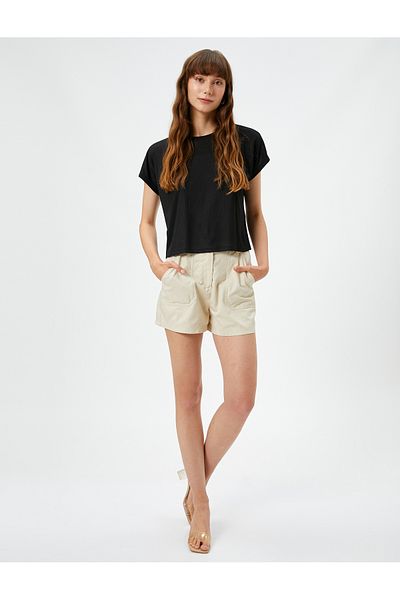 Koton Crop T-Shirt mit Fledermausärmeln und Rundhalsausschnitt