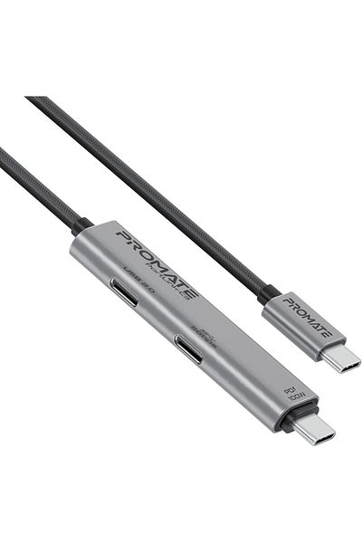 Promate كابل 3 في 1 من النوع C مع موصل USB-C شحن 100 وات، نقل سريع للبيانات، شحن فعال