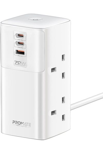 Promate محطة شحن عالمية 70 وات متعددة المنافذ مع منفذي USB-C ومقابس تيار متردد رباعية 2500 وات، برجية