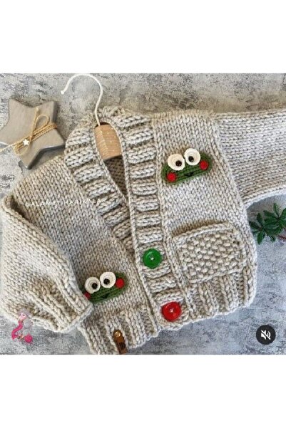 El örgüsü Kurbağa motifli Çocuk Ceketi