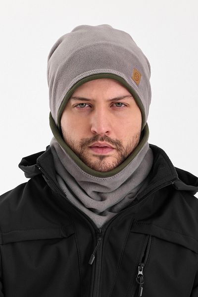 Butikgiz Men's Grey and Khaki Fleece - Double Color, Double Layer Foldable Beanie Set