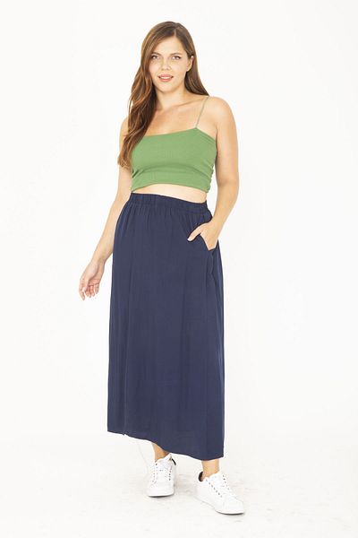 Şans Women's Large Size Navy Blue Elastic Waist Skirt with Side Pockets 65N36806