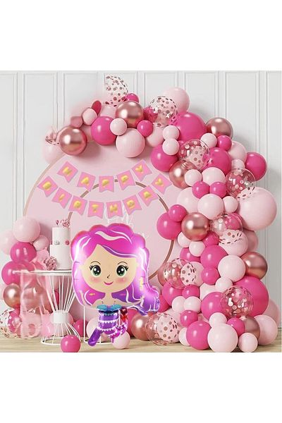 Ezgi Party Store Mermaid Concept Pink Foil Balloon Set Birthday Party Ornament for Girl Kids