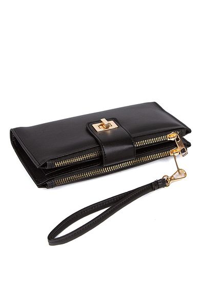 Newish Women's Black Portfolio Wallet with Phone Compartment Leather Stylish Soft Textured Wrist Strap Daily Stylish Design