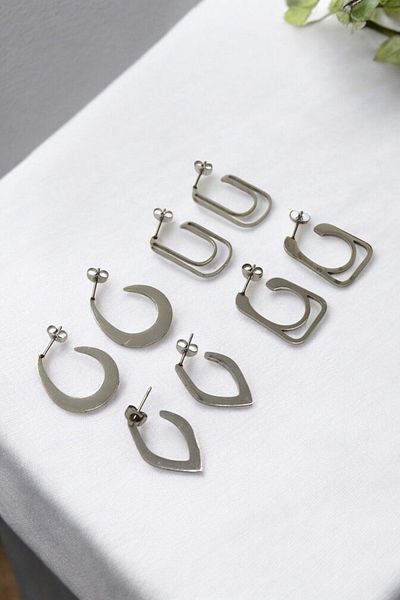MakeWell Stainless Anti-Tarnish Steel Pattern Hoop Earrings 4 Pairs Patterned Steel Silver Hoop Earrings