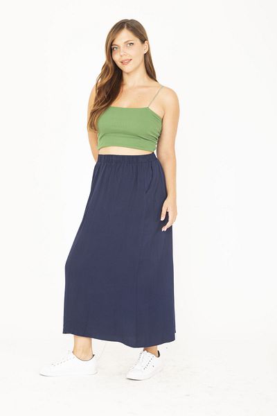 Şans Women's Large Size Navy Blue Elastic Waist Skirt with Side Pockets 65N36806