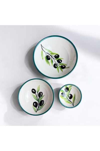 naturalife El Boyaması Zeytin Desenli 3’lü Seramik Kase Seti – Doğal, Şık ve ...