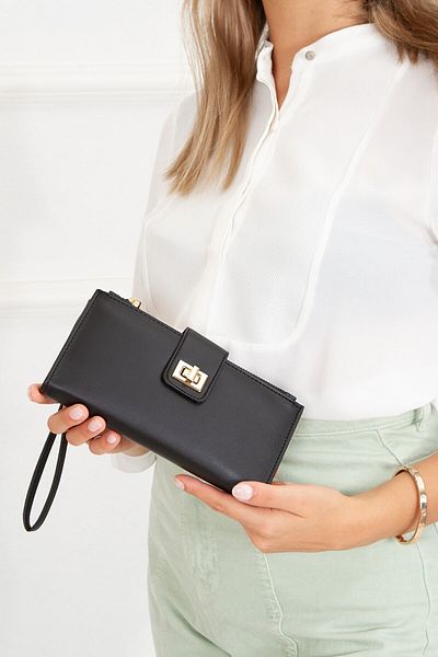 Newish Women's Black Portfolio Wallet with Phone Compartment Leather Stylish Soft Textured Wrist Strap Daily Stylish Design