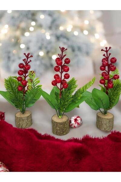 Nettenevime 3lü set Yapay Çiçek Yılbaşı Çiçeği Kokinalı Kütük Saksılı Dekoratif Süs 20cm