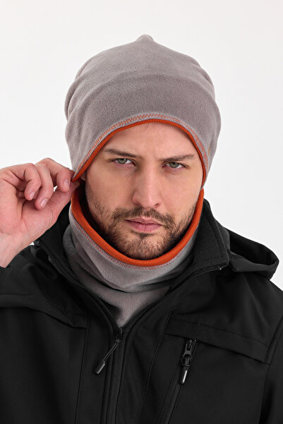 Butikgiz Erkek Gri Polar Dış, Kiremit Pamuklu İç Kısım Çift Renk Çift Katman Katlanabilir Bere Boyunluk Takım