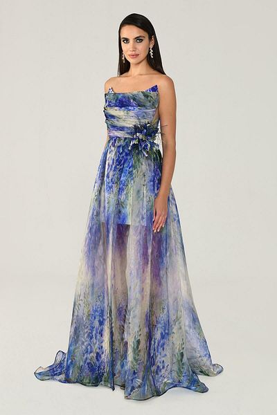 ALFABETA Self Floral Patterned Strappy Tulle Evening Dress