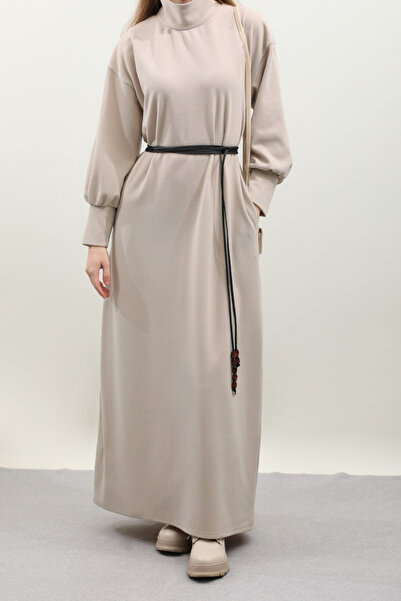 ZÜLAYS Boğazlı Fitilli Triko Elbise Krem