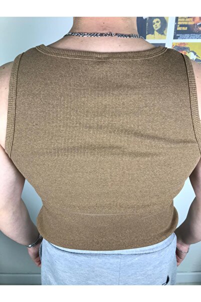 DUNGA Erkek Kahverengi Fitilli Atlet - Likralı Pamuk Kaşkorse Halter Yaka Tank Top Atlet