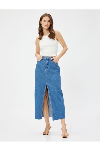Koton Midi Denim Skirt with Slit Detail, Pockets, Buttons