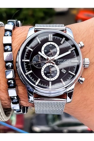 Ferrucci ALL FUNCTIONS ACTIVE Steel Case Steel Band Men's Wrist Watch with Bracelet gift