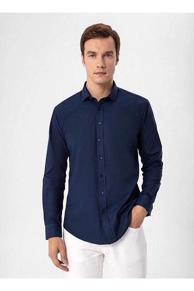 SÜVARİ Πουκάμισο Cavalry Slim Fit Easy Ironing από βαμβακερό απλό μπλε ναυτικό