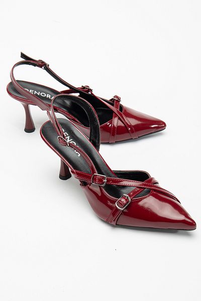 DENORA Claret Red Matte Patent Leather Pointed Toe Banded Buckle Closed Toe Open Back Heeled Stiletto Shoes