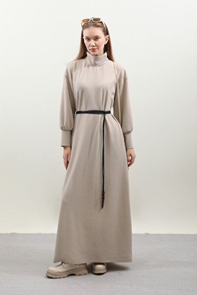 ZÜLAYS Boğazlı Fitilli Triko Elbise Krem