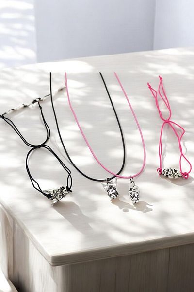 MakeWell Kuromili 2-Piece Necklace and 2-Piece Bracelet Set Black and Pink Leather Drawstring Necklace Bracelet Set for Kids