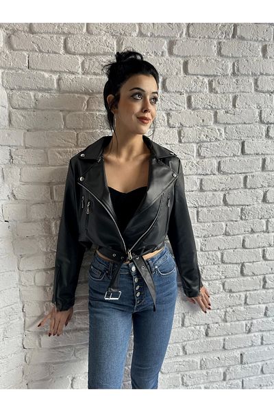 moneta boutique Women's Black Short Lined Biker Leather Coat with Belt on the Waist
