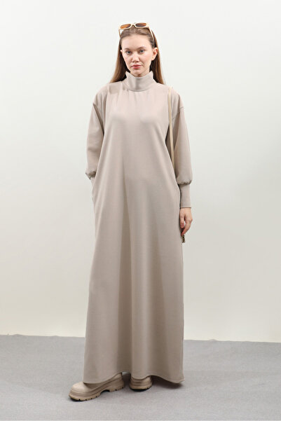 ZÜLAYS Boğazlı Fitilli Triko Elbise Krem