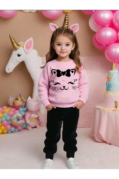 bebekpare Girl's Bottom Top Set Black -Salmon Cute Cat 100% Cotton