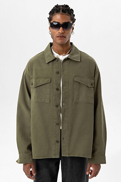 VAMOSCLO Χακί Χρώμα oversized Τζιν Μπουφάν - Διπλή τσέπη και λεπτομέρεια εκτύπωσης στην πλάτη