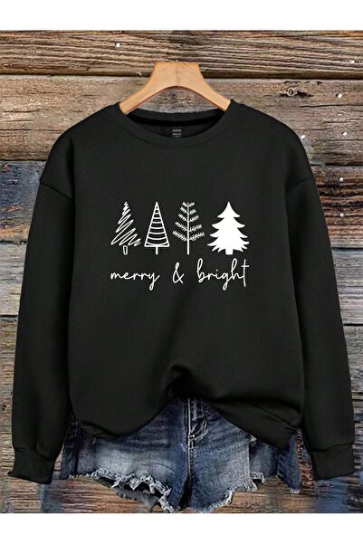 PALPİTO Ženska crna majica Merry Bright Štampano okrugla kragna Oversize kroj