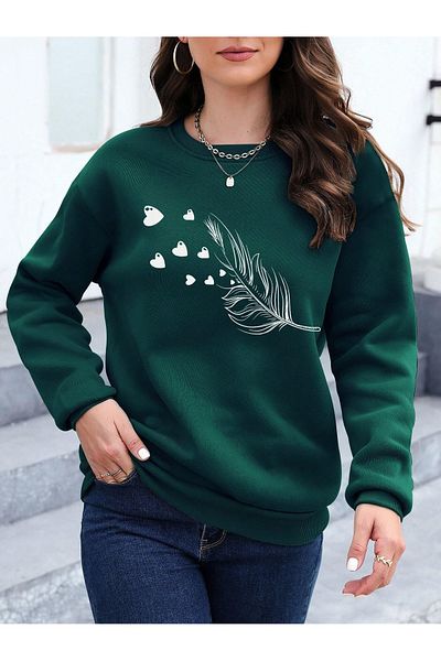 PALPİTO Women's Nefti Green Feather Heart Printed Crew Neck Oversize Sweatshirt