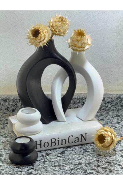 BLANJ siyah - Beyaz sarmaşık sevgili vazo, şamdan mumluklu set 22x16&17x14