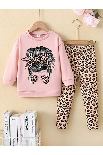 bebekpare Girl's Bottom Top Set with Leopard Glasses 100% Cotton