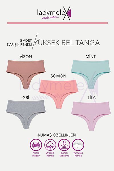 LadyMelex Tanga de damă din bumbac cu talie inalta - 5 bucati, culori mixte