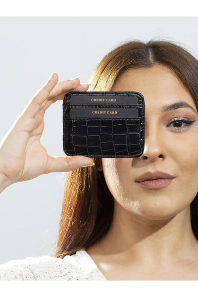 The Noir Leather Milano Croco Leather Black Women's Card Holder Wallet