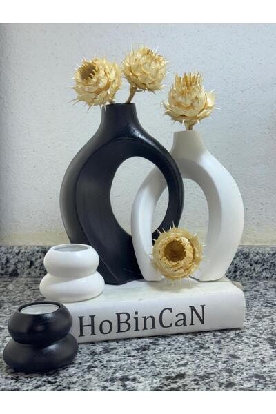 BLANJ siyah - Beyaz sarmaşık sevgili vazo, şamdan mumluklu set 22x16&17x14