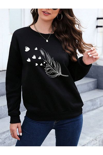 PALPİTO Women's Black Feather Heart Printed Crew Neck Oversize Sweatshirt