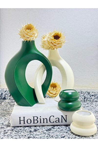 BLANJ sarmaşik sevgili vazo mumluk seti Yeşil-Krem