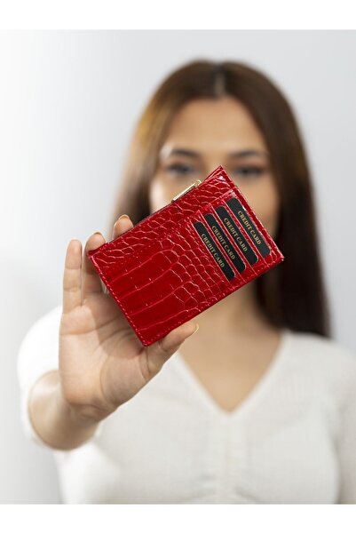 The Noir Leather محفظة حامل بطاقات نسائية باللون الأحمر بسحاب من باريس
