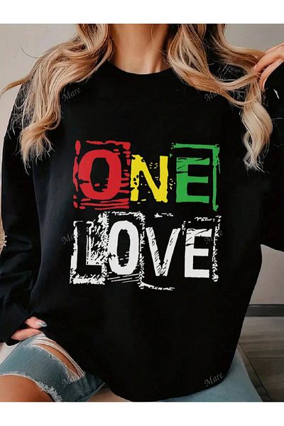 PALPİTO Дамски черен суитшърт с щампа One Love и кръгло деколте